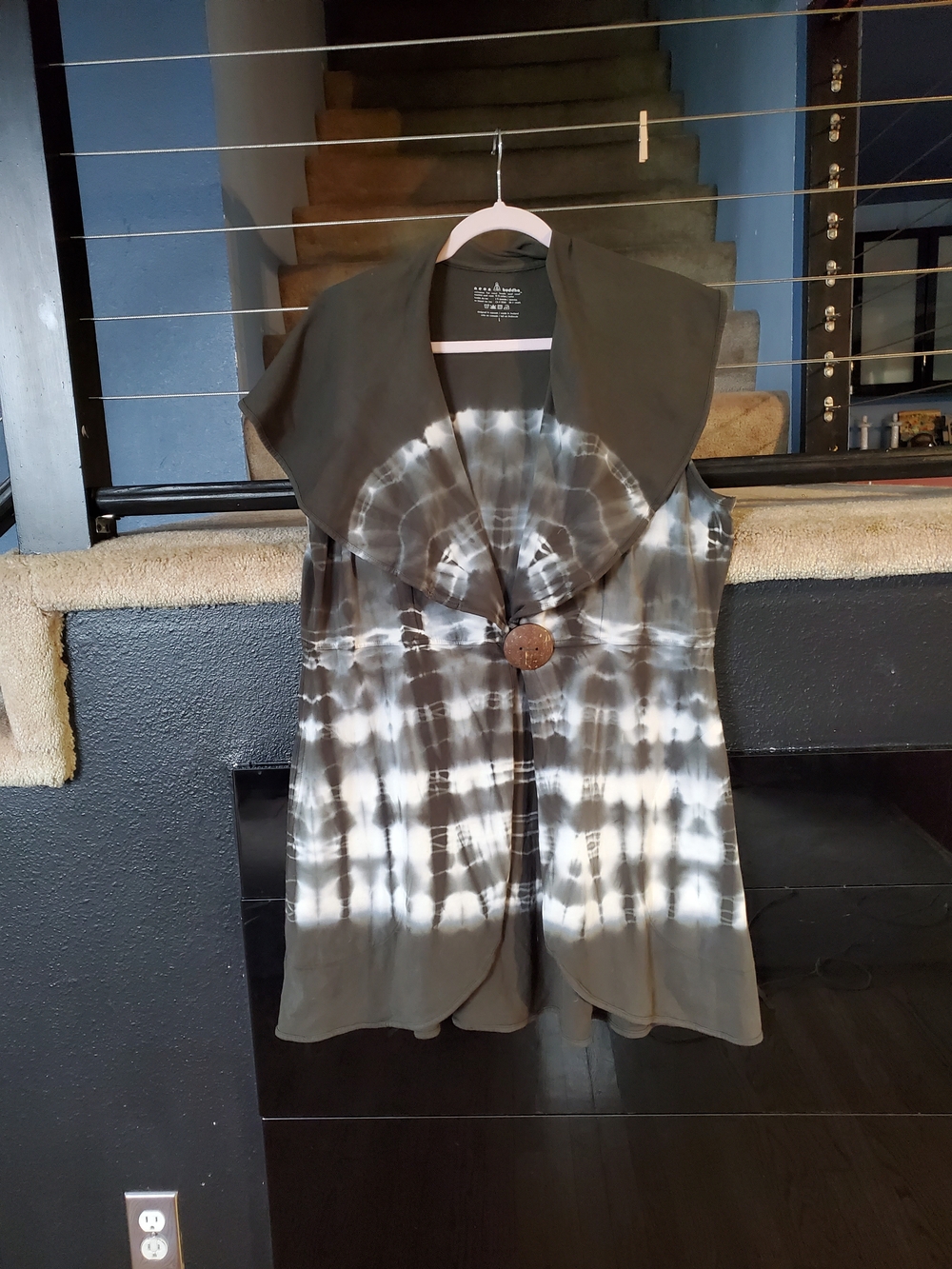 neon buddha Olive and White Tie-Dye Shawl-Collar Button Front Tunic